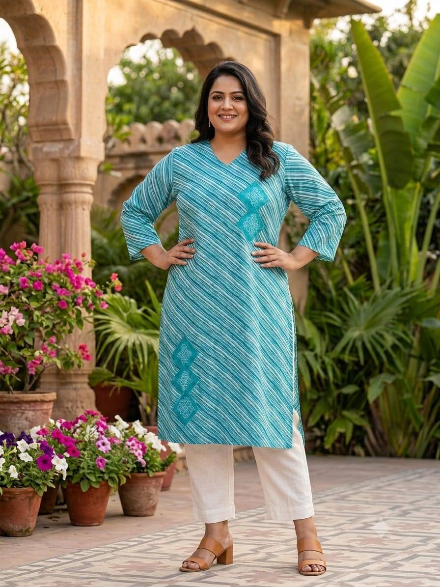 PREMIUM JAIPURI LEHERIYA KURTIS COLLECTION by Kaamiri 01 To 04 Series Indian Casual Wear Collection Cambric Cotton Plus size Kuris At Wholesale Price